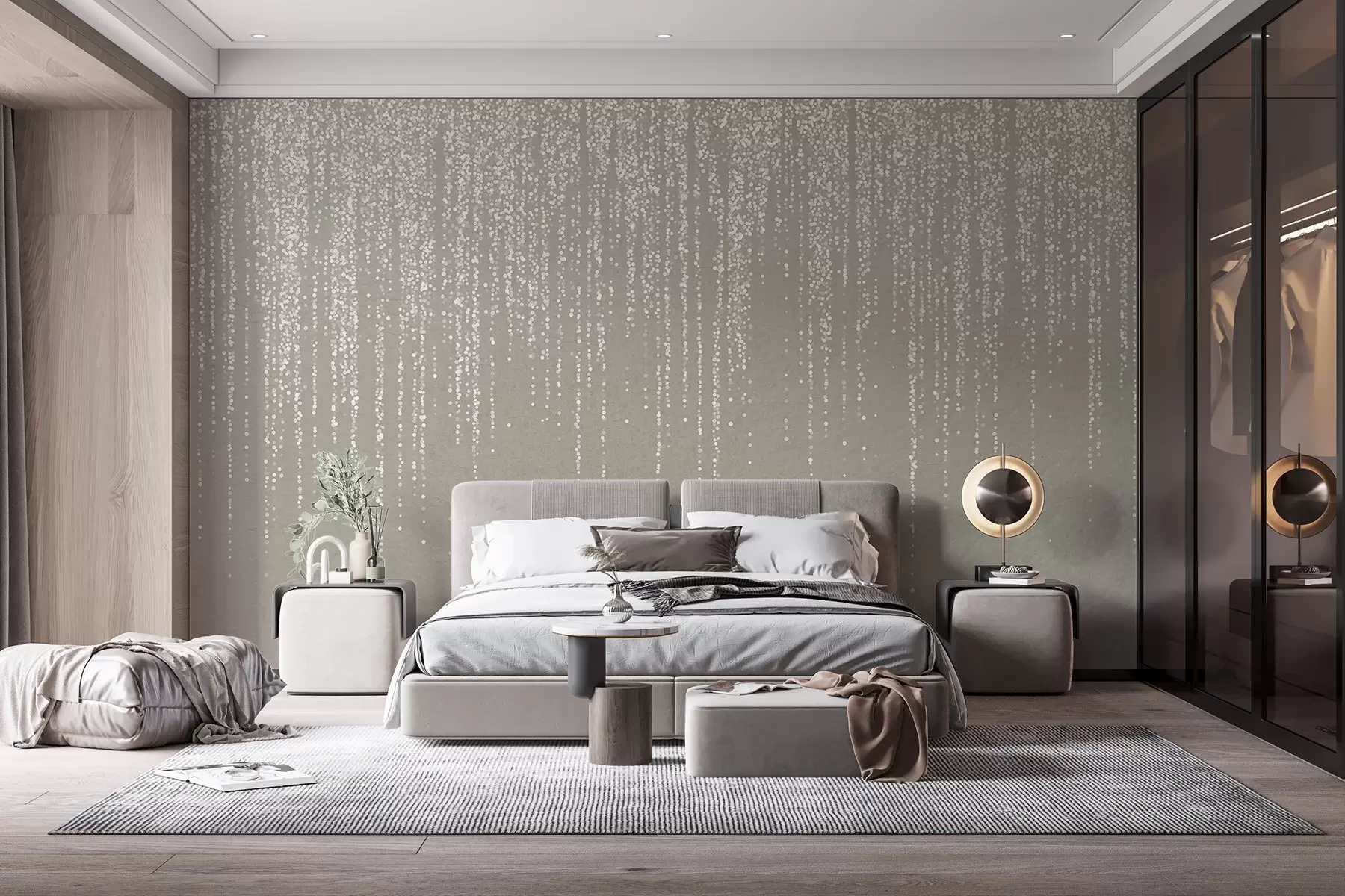 wall murals Вертикални елегантан отисак тачкастог венца на беж текстурираној позадини, стварајући осећај дубине и покрета w08470