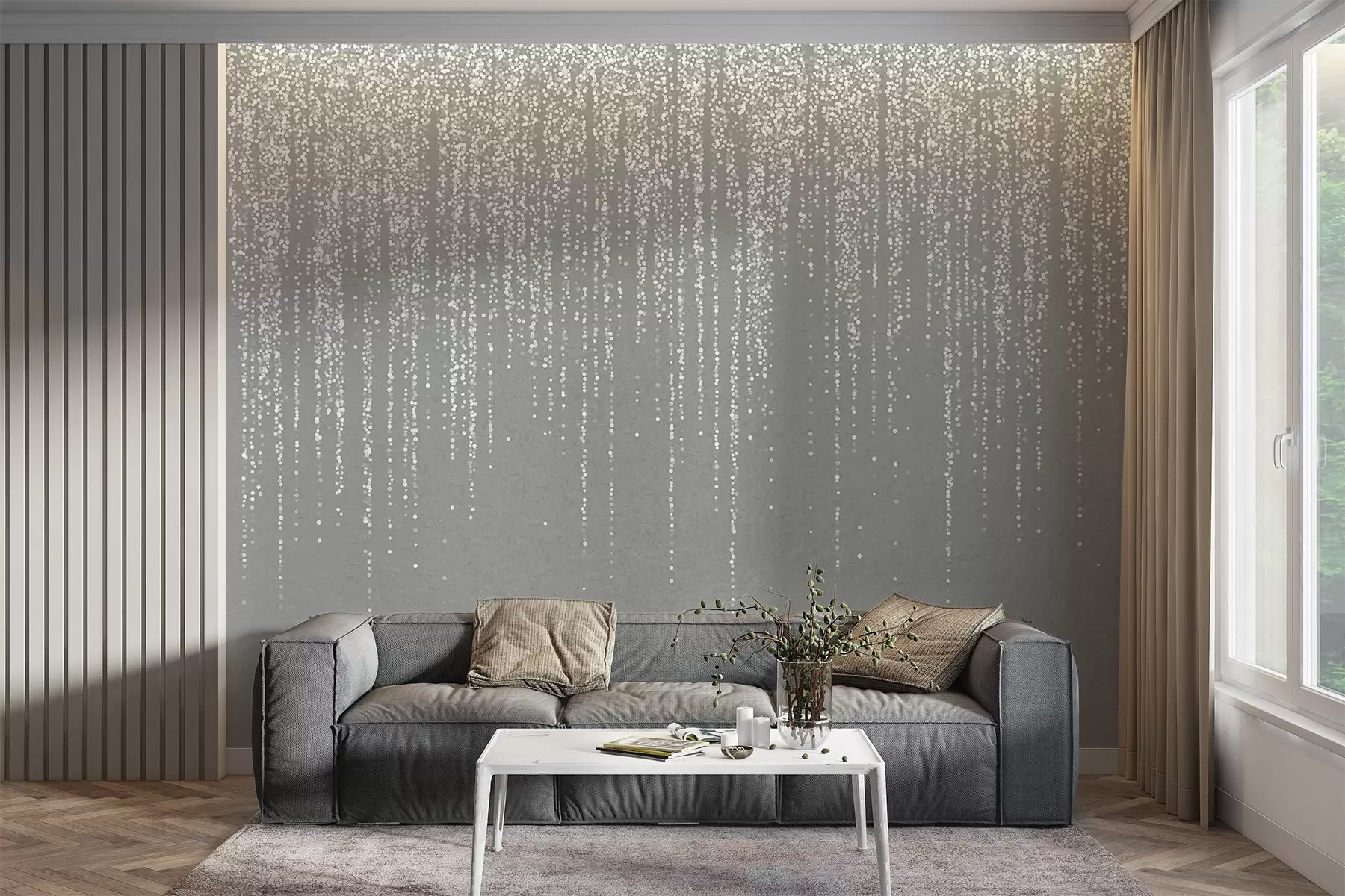wall murals Вертикални елегантан отисак тачкастог венца на сивој текстурираној позадини, стварајући осећај дубине и покрета w08470v1