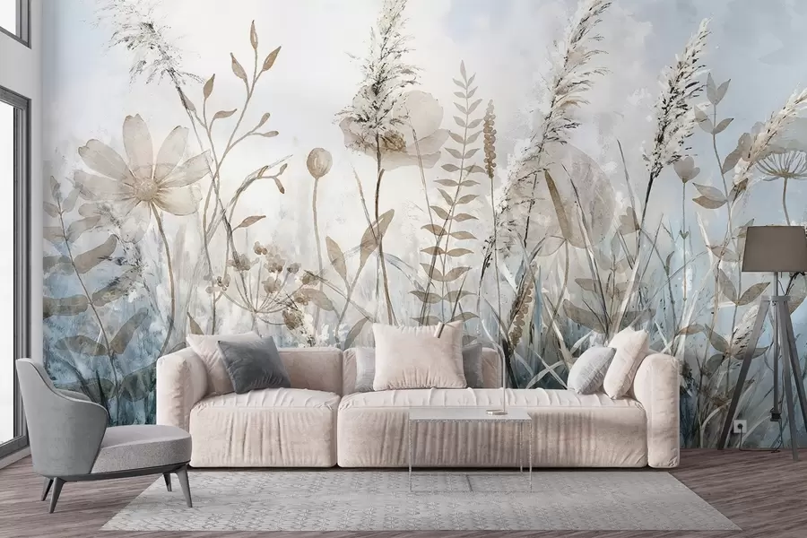 wall murals Поље високе траве, природног лишћа и биљака са меким, танким текстурама наспрам магловитог, облачног неба w08472