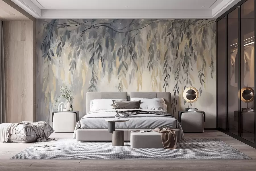 wall murals Гране врбе са деликатним листовима који виси на мекој, замућеној текстурираној позадини w08473