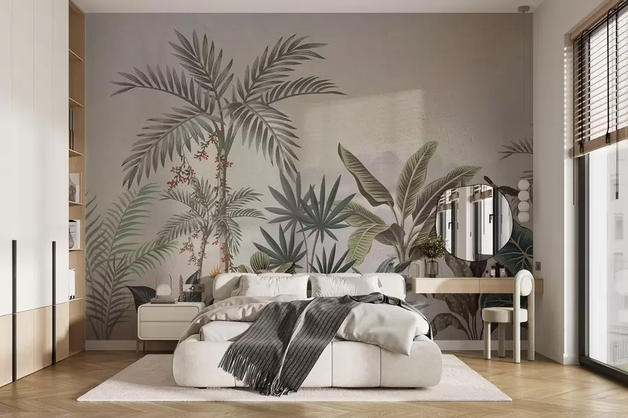 wall murals Тропска џунгла са палмама и шареним птицама w08496