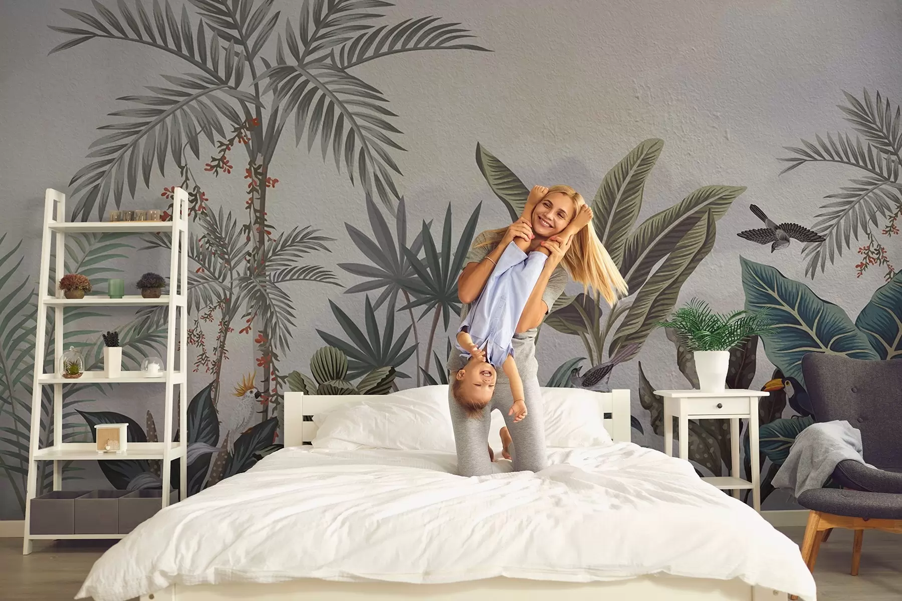 wall murals Тропска џунгла са палмама и шареним птицама w08496