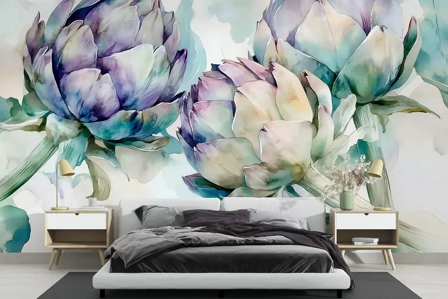 wall murals Артичоке у акварелу, цвеће, розе и зелене w02481v1