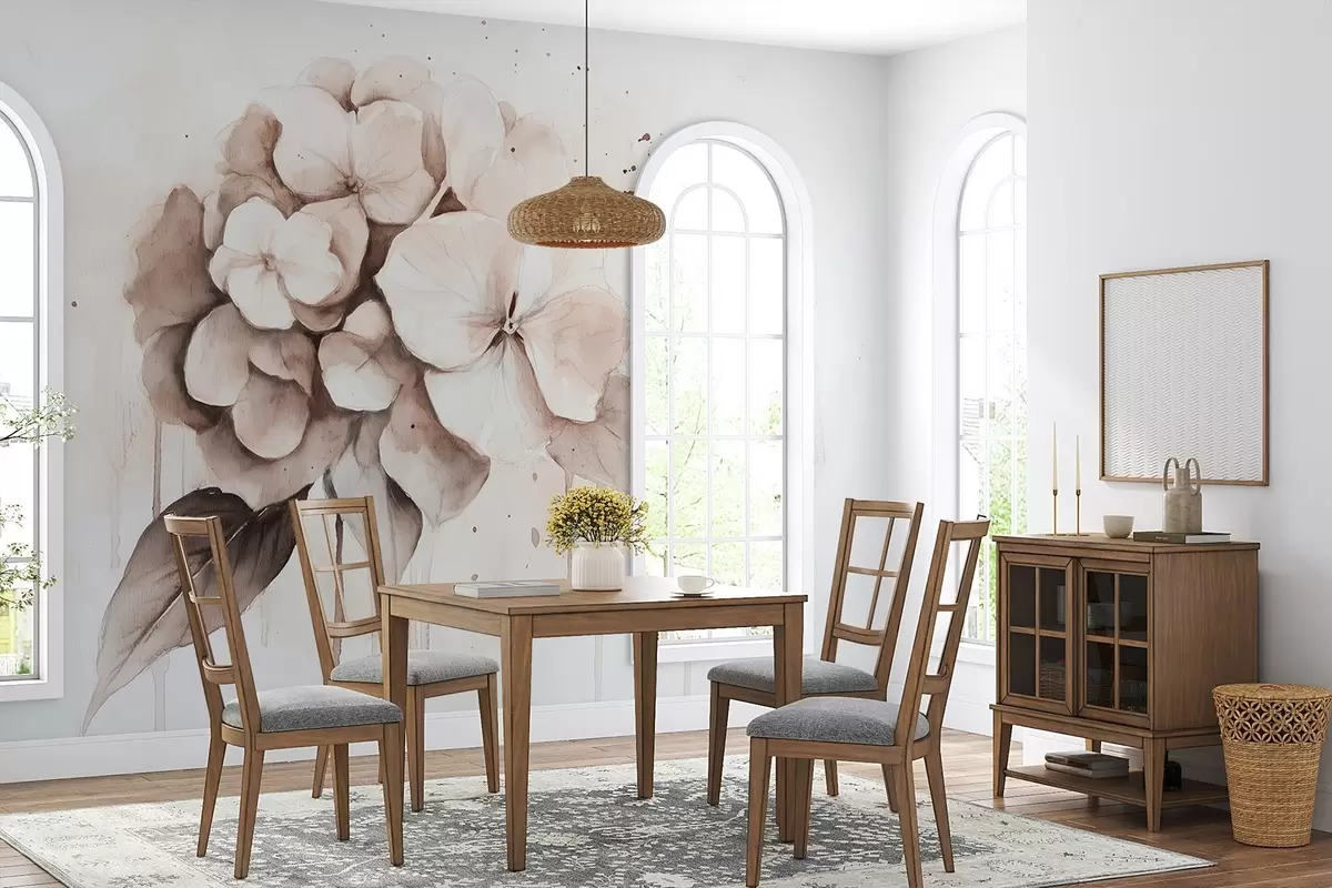 wall murals Цртеж хортензије, стил акварела, беж боје w02483