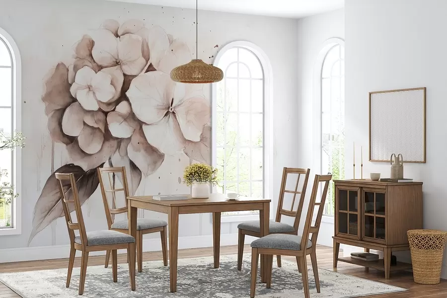 wall murals Цртеж хортензије, стил акварела, беж боје w02483