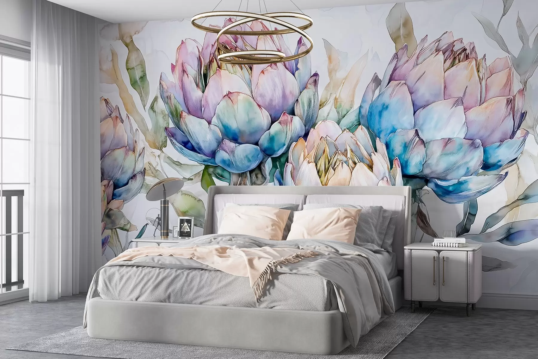 wall murals Цртеж артичоке, стил акварела, цветни, љубичасти, беж, зелени w02484