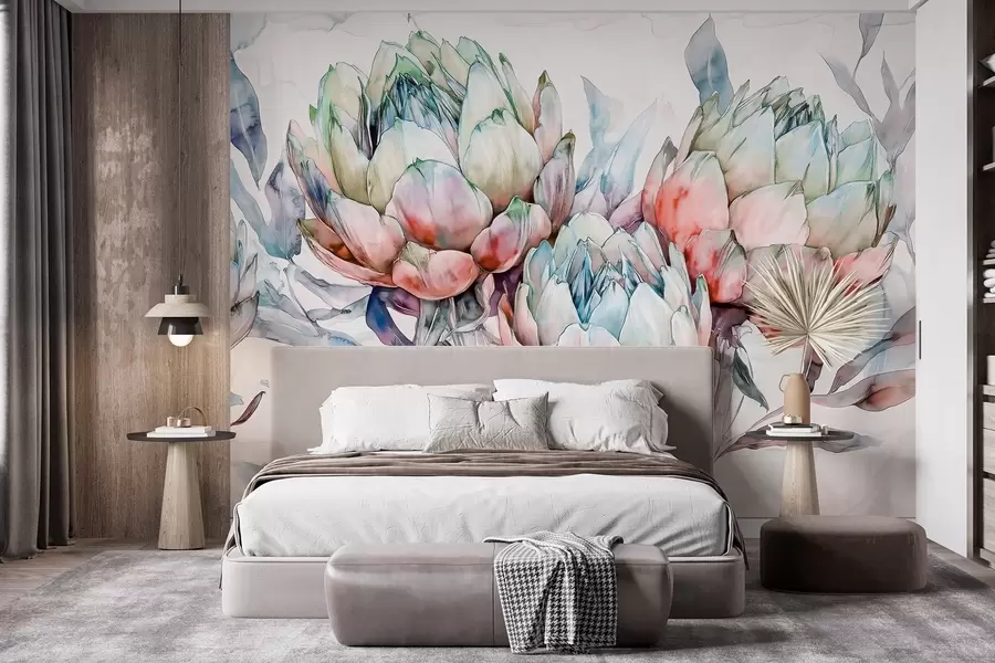 wall murals Цртеж артичоке, стил акварела, цветни, црвени, љубичасти, зелени w02484v1