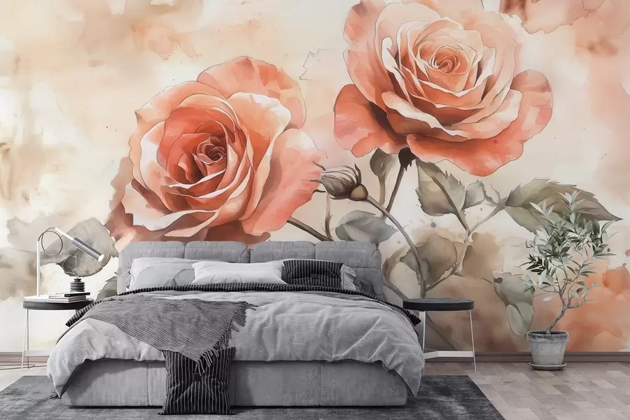 wall murals Прелепе црвене руже у стилу акварела, цветне, беж боје w02486