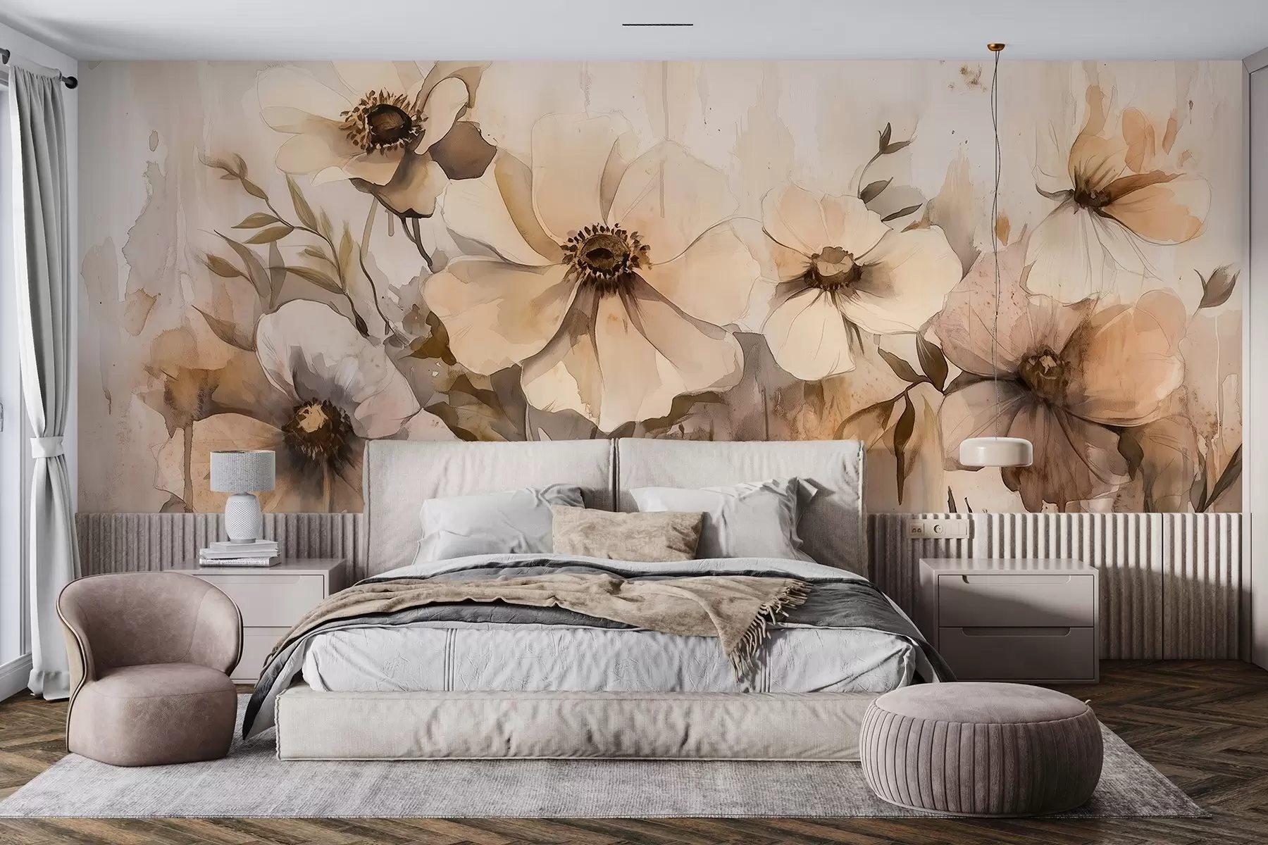 wall murals Рустично цвеће, цртеж у акварелу, беж боје w02487