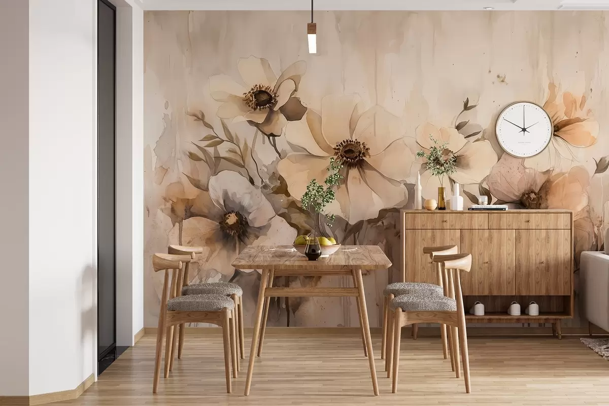 wall murals Рустично цвеће, цртеж у акварелу, беж боје w02487