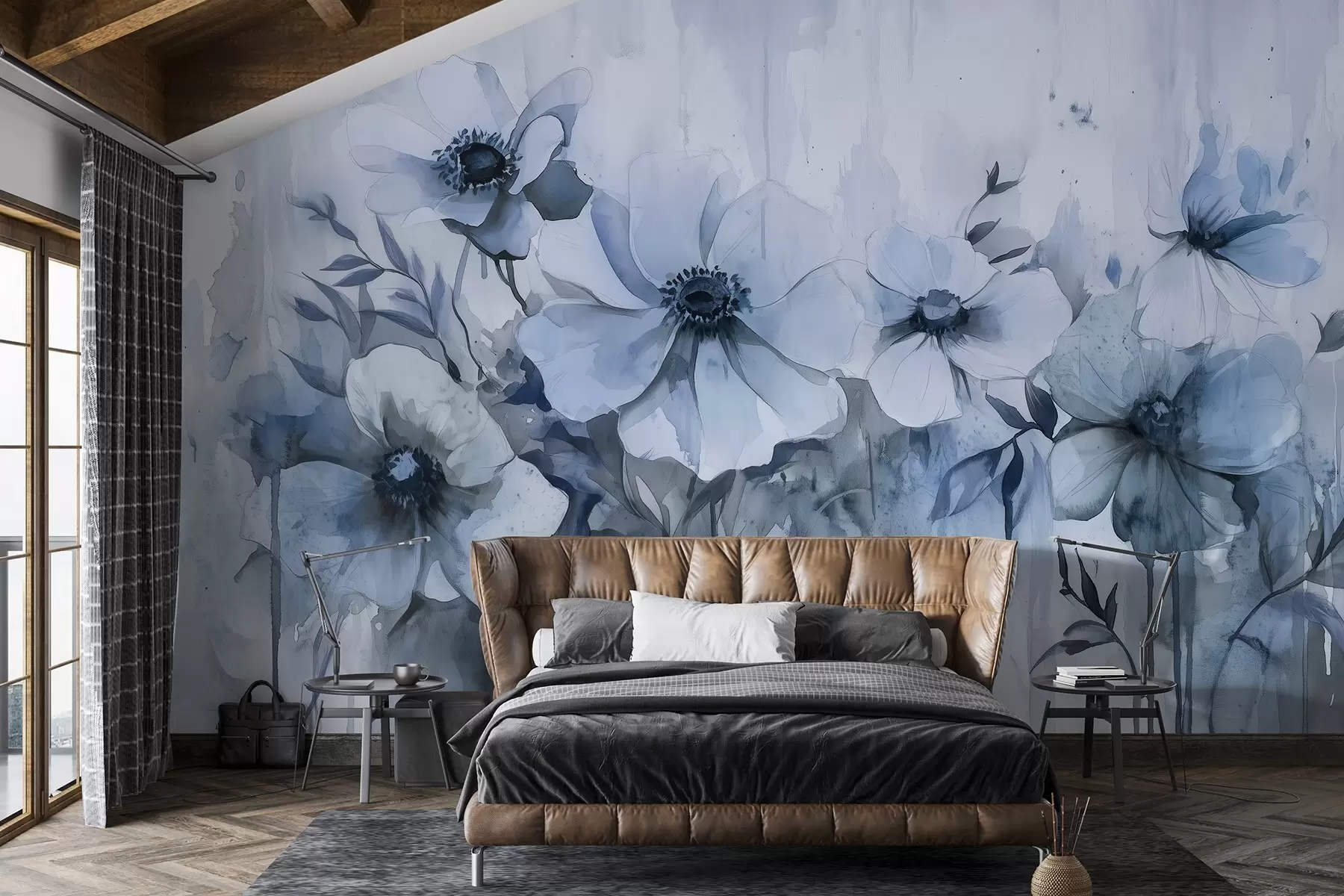 wall murals Рустично цвеће, цртеж у акварелу, плаве боје w02487v1