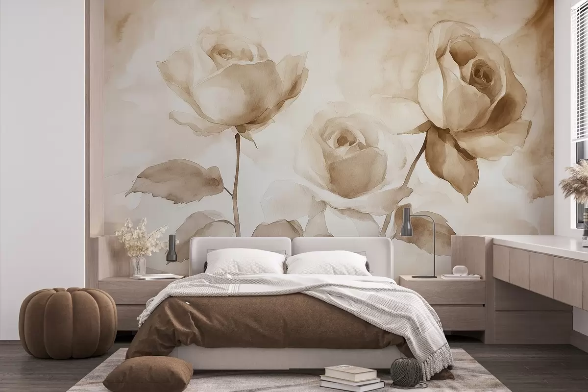 wall murals Беж руже, цвеће, меки цртеж акварела, рустикални, боемски w02490
