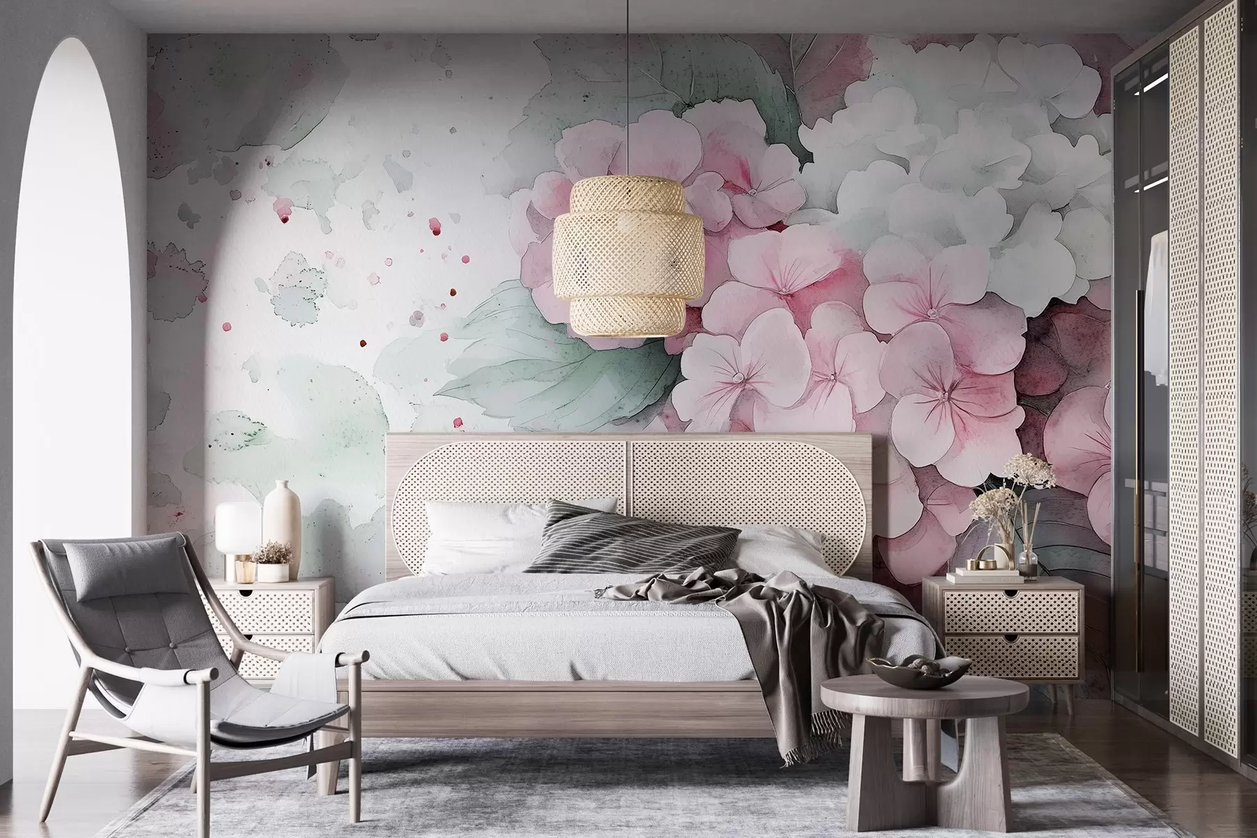 wall murals Цртеж у стилу акварела цвећа хортензије са листовима, нежно розе и зелене боје w02493v1