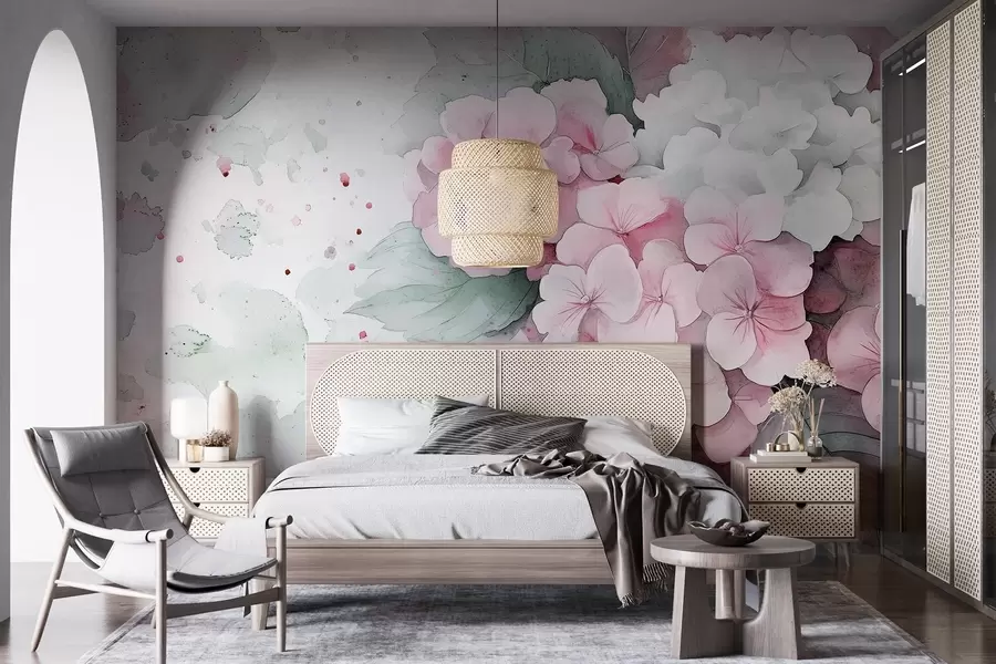 wall murals Цртеж у стилу акварела цвећа хортензије са листовима, нежно розе и зелене боје w02493v1