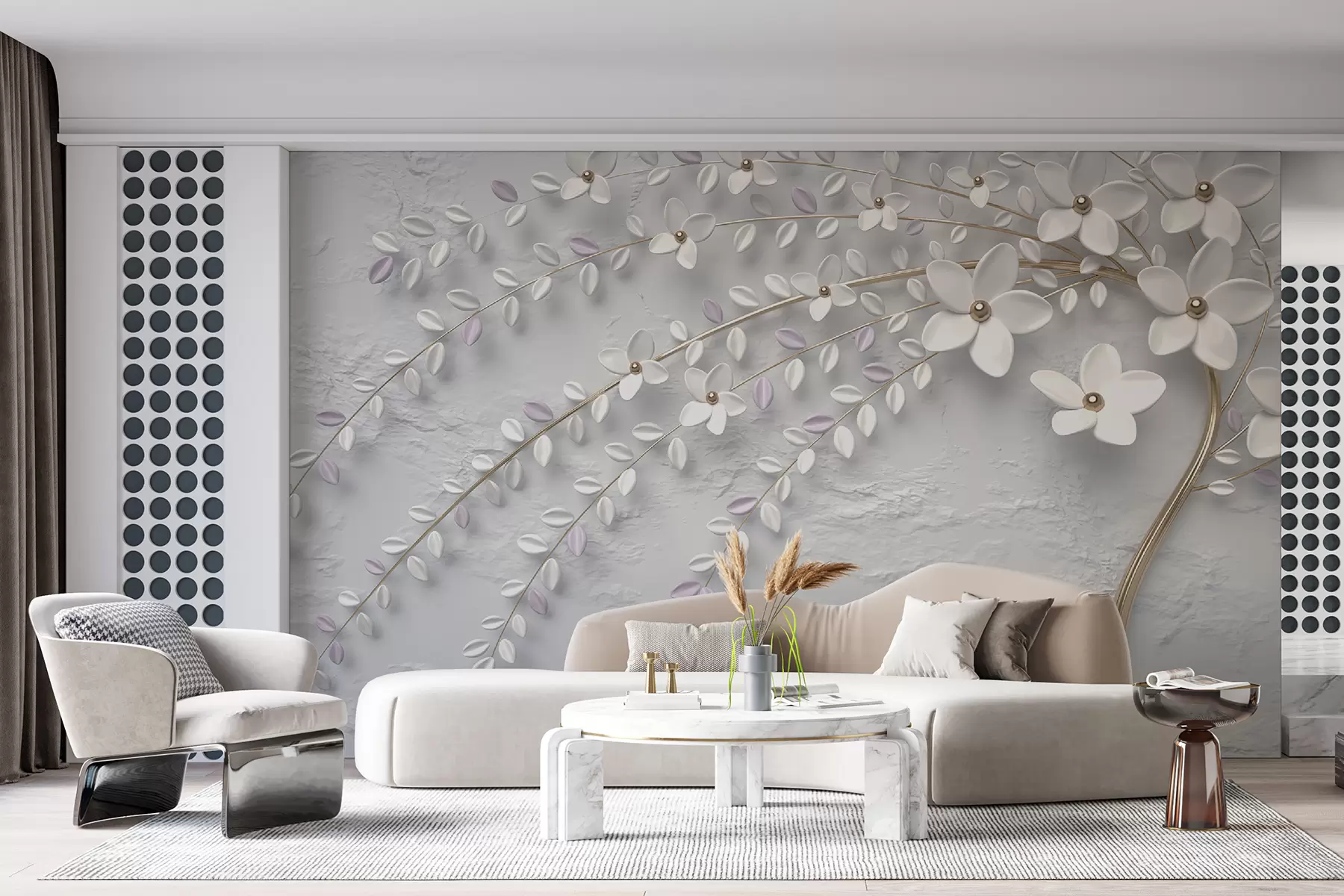 wall murals Цветно дрво са висећим гранама у светло белим и беж нијансама u43124