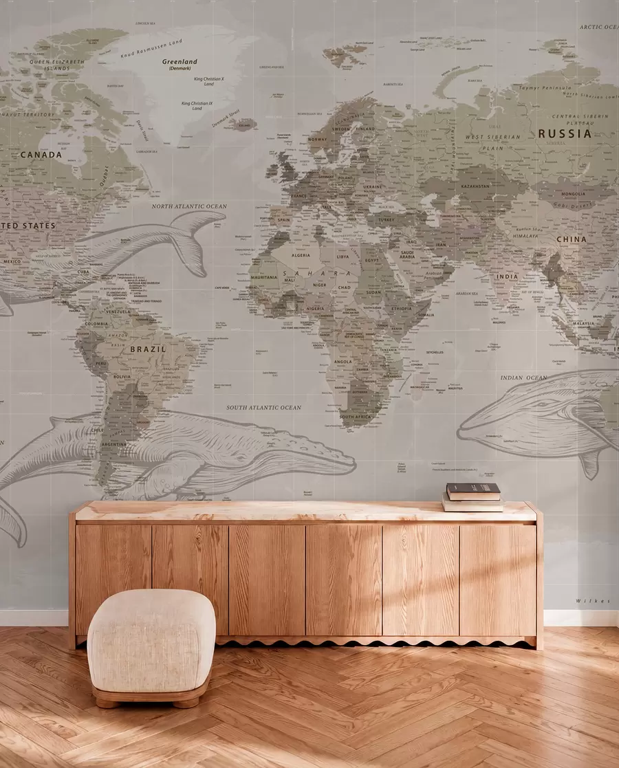 wall murals Мапа света са китовима u50449