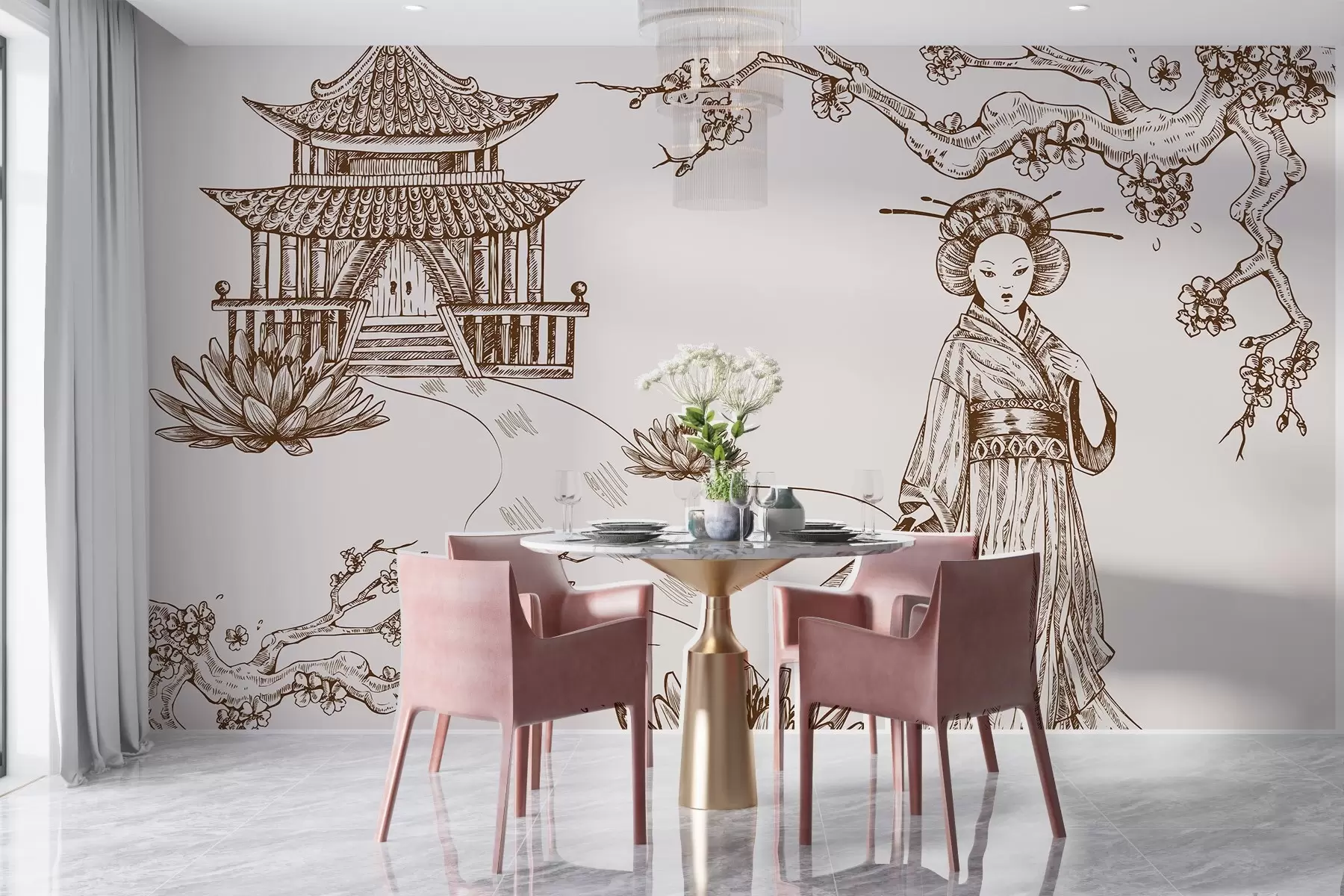 wall murals Стара кућа у азијском стилу, девојка у традиционалној одећи, цвет трешње w02534