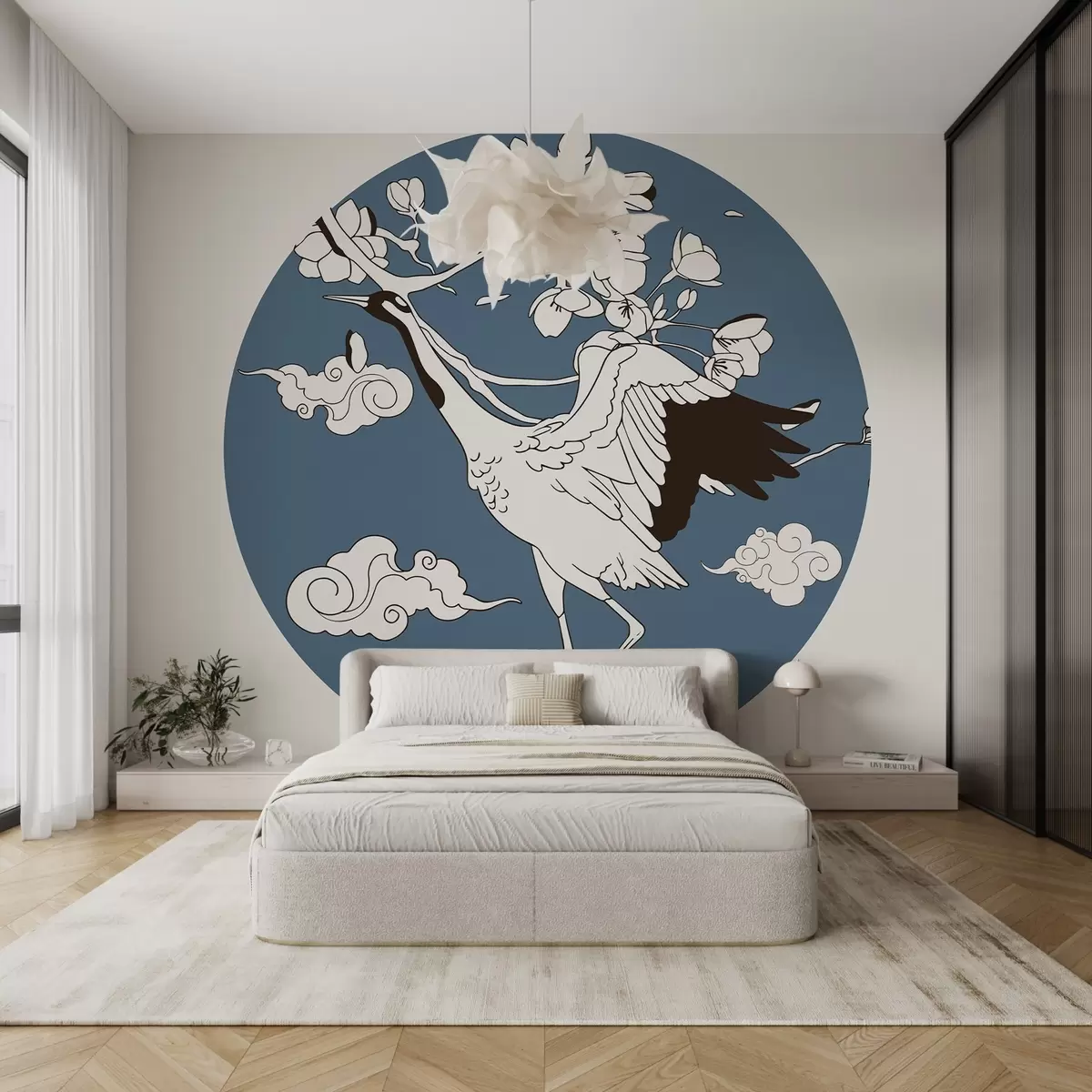 wall murals Цртеж у кругу, цвеће, облаци у јапанском стилу, ждрал, плави део w02538