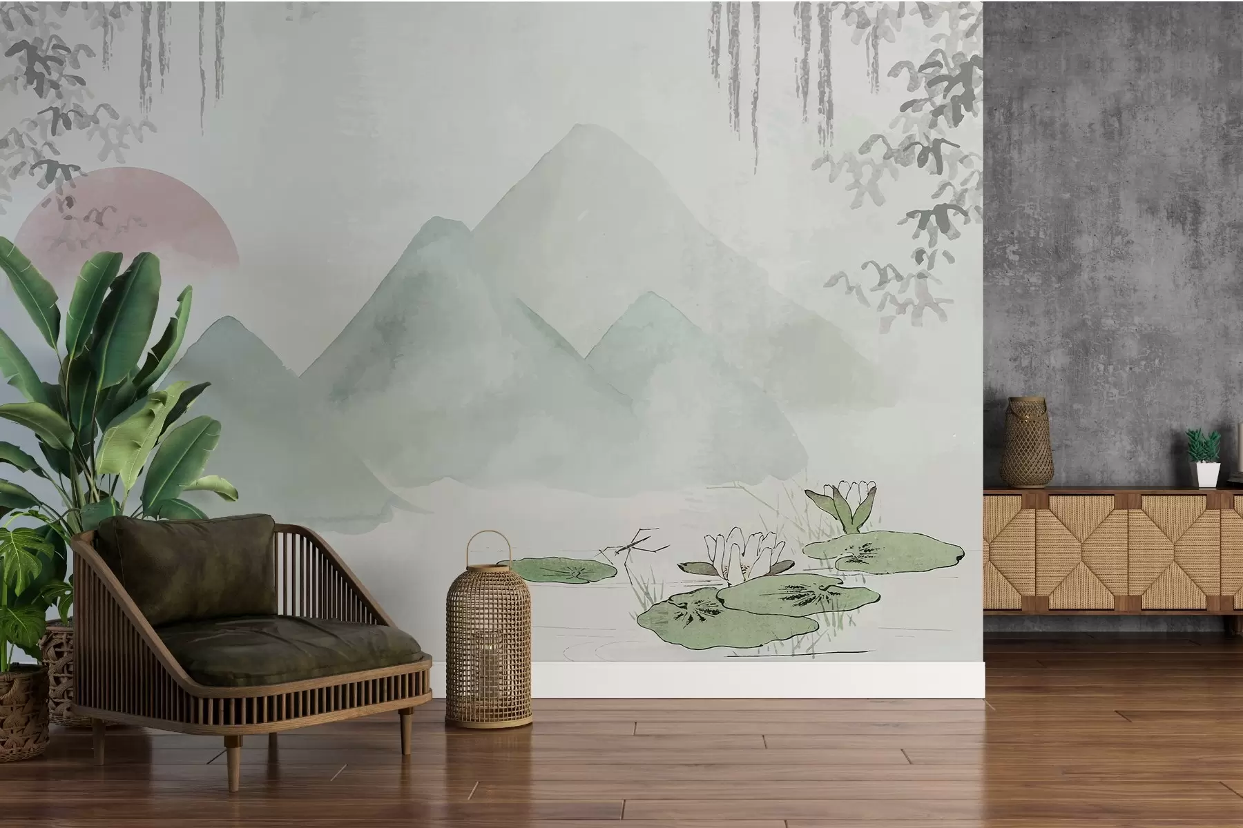 wall murals Излазак сунца, планине и локвањ w02539