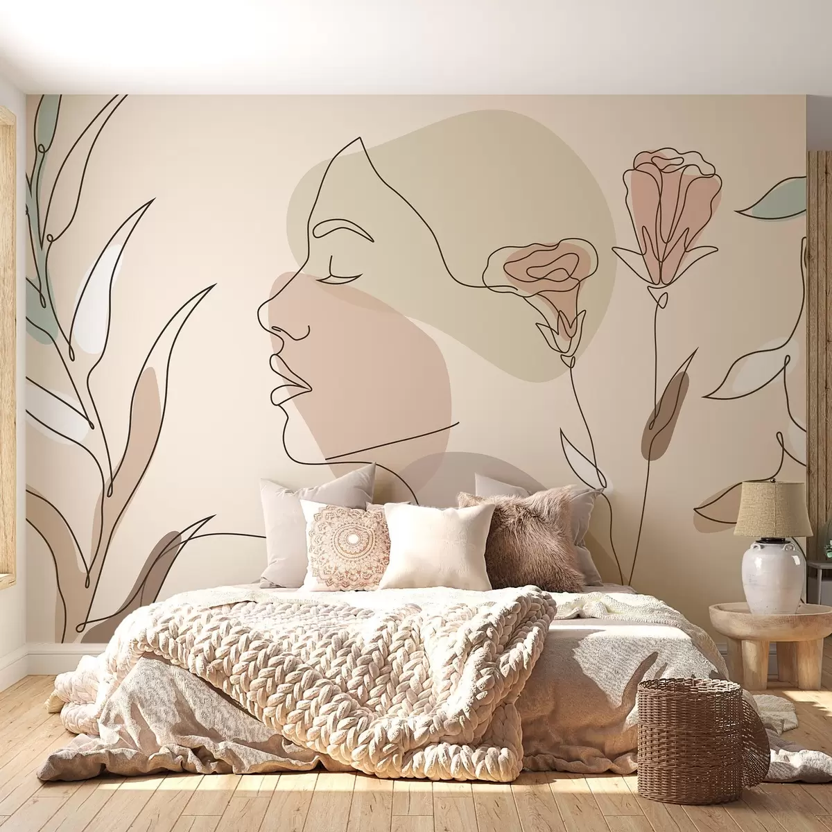 wall murals Девојка са линијама, шареним цвећем w02543