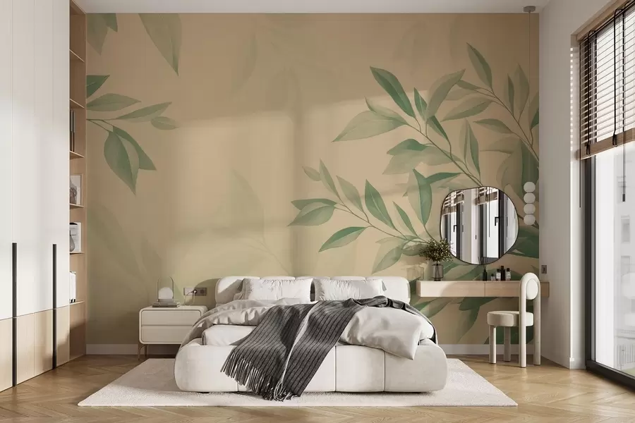 wall murals Зелени листови са меком топлом беж позадином w08499v2