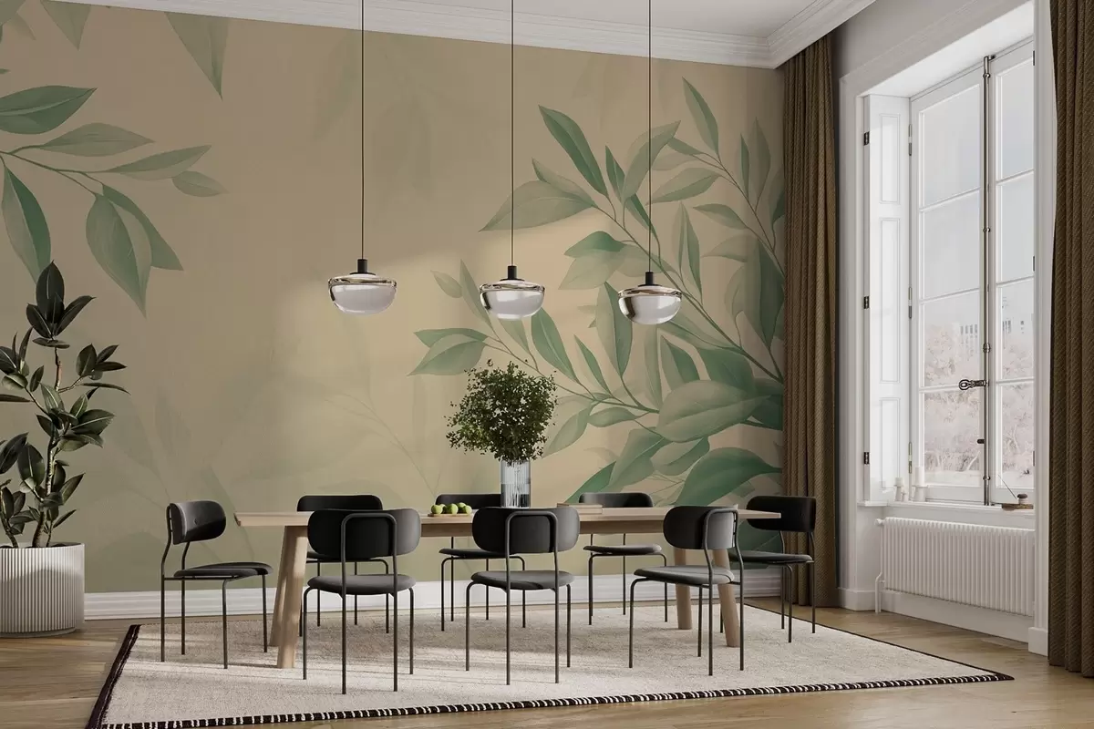 wall murals Зелени листови са меком топлом беж позадином w08499v2