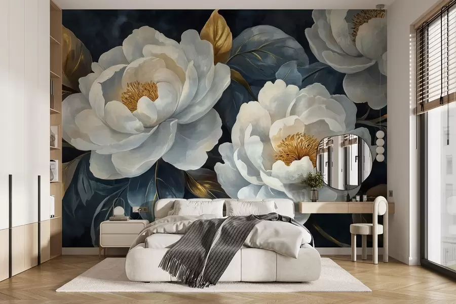 wall murals Бујни бели божури на плавој позадини у сликарском стилу w02315