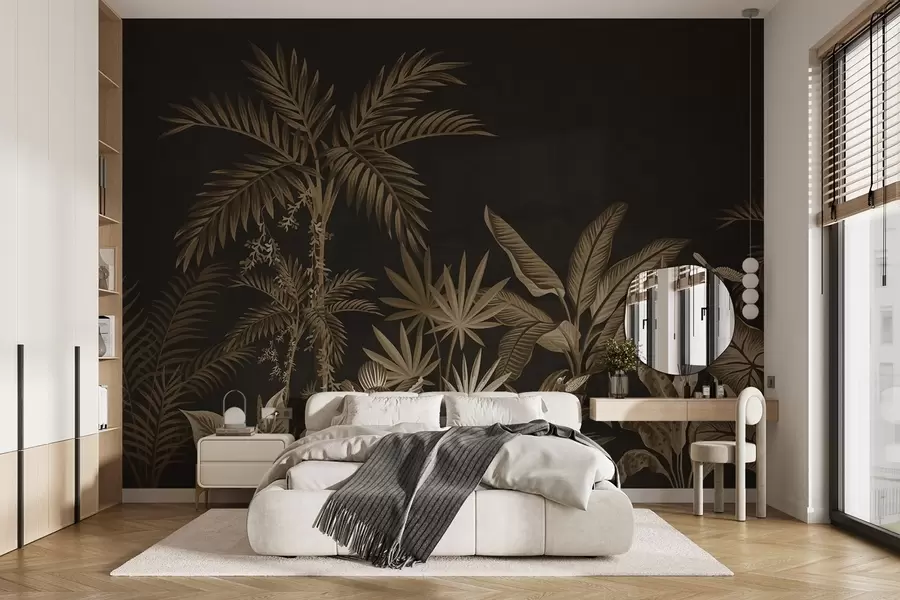 wall murals Тропска џунгла са палмама и птицама у тамним тоновима w08496v3