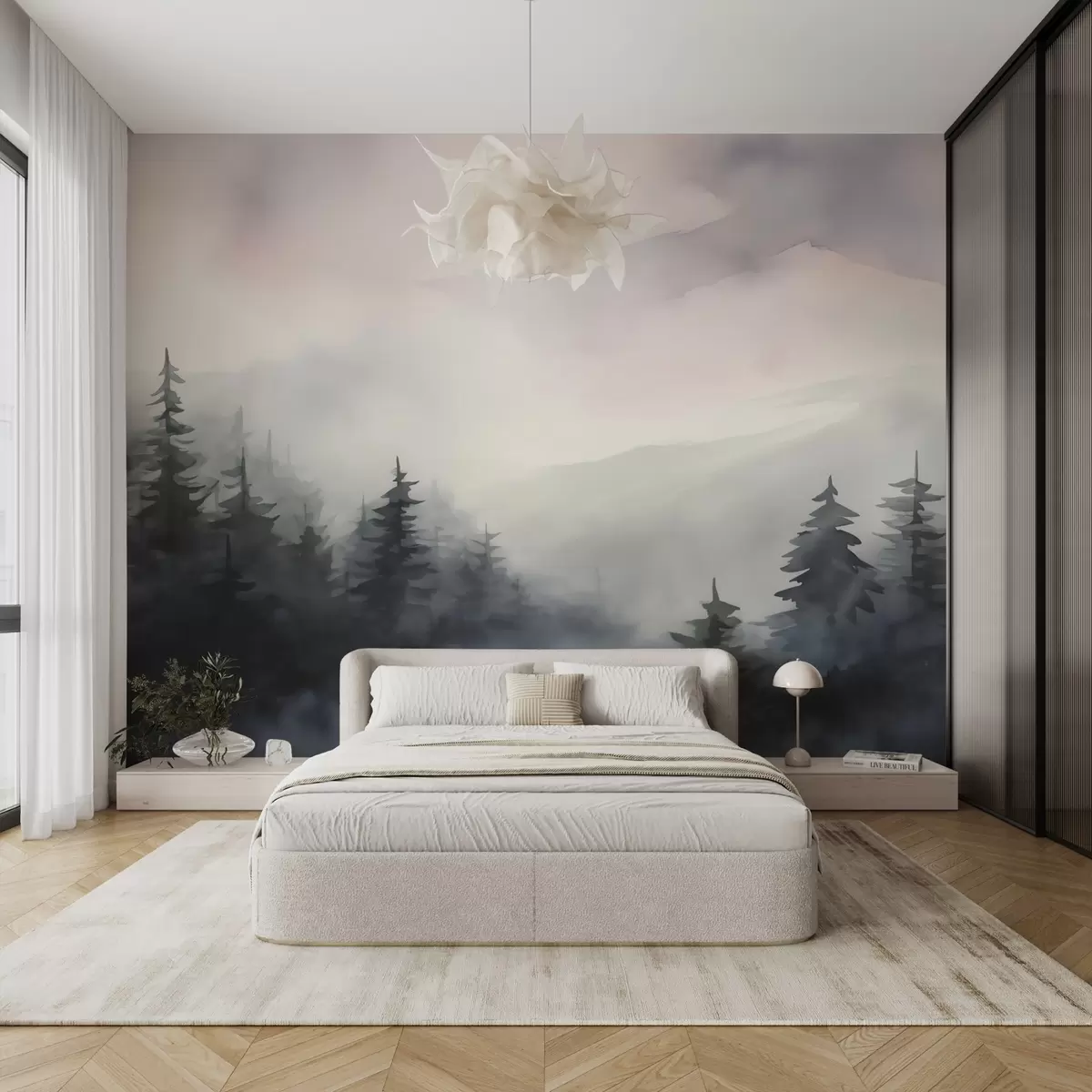 wall murals Силуете јеле у шуми имитација акварела w02585