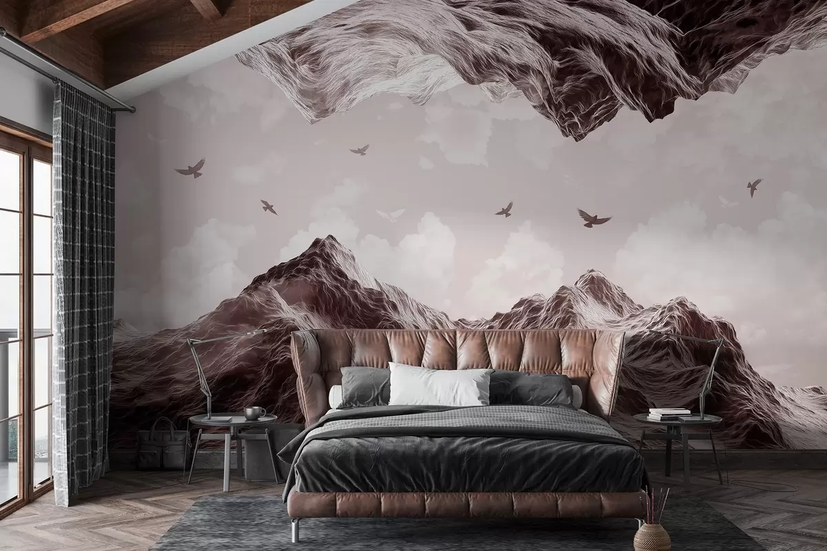 wall murals Планински пејзаж, реализам, летеће птице, природа, облаци, смеђе боје w02514v2
