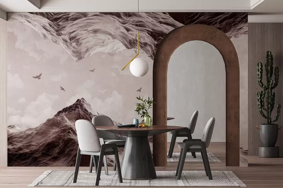 wall murals Планински пејзаж, реализам, летеће птице, природа, облаци, смеђе боје w02514v2