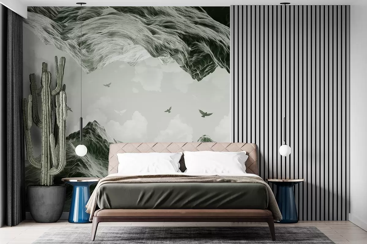 wall murals Планински пејзаж, реализам, летеће птице, природа, облаци, зелене боје w02514v3