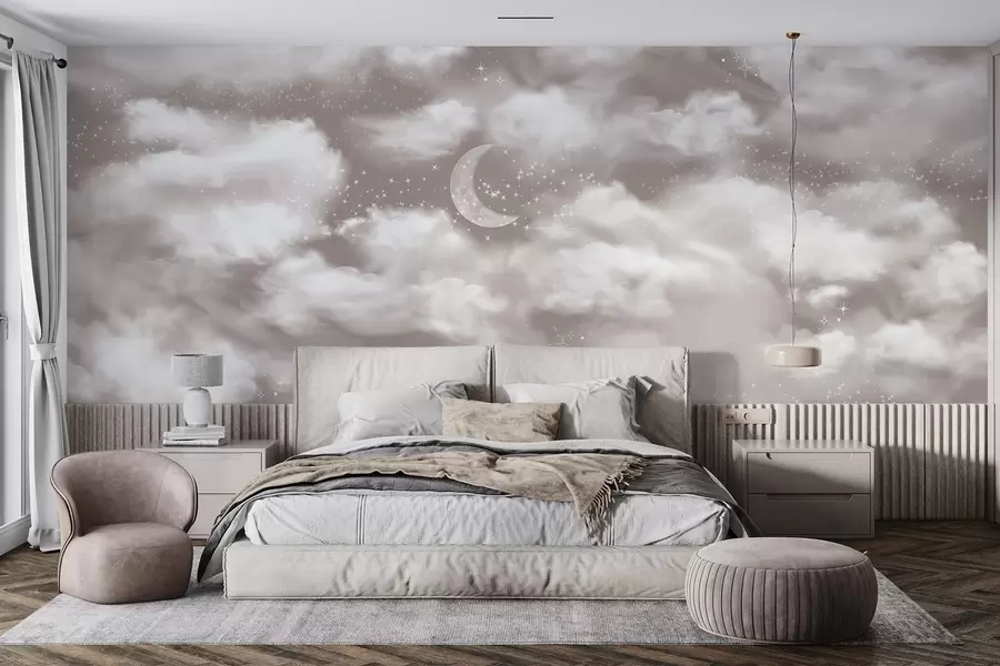 wall murals Звездано небо са месецом и облацима, сањиве, етеричне, нежне беж боје w02515