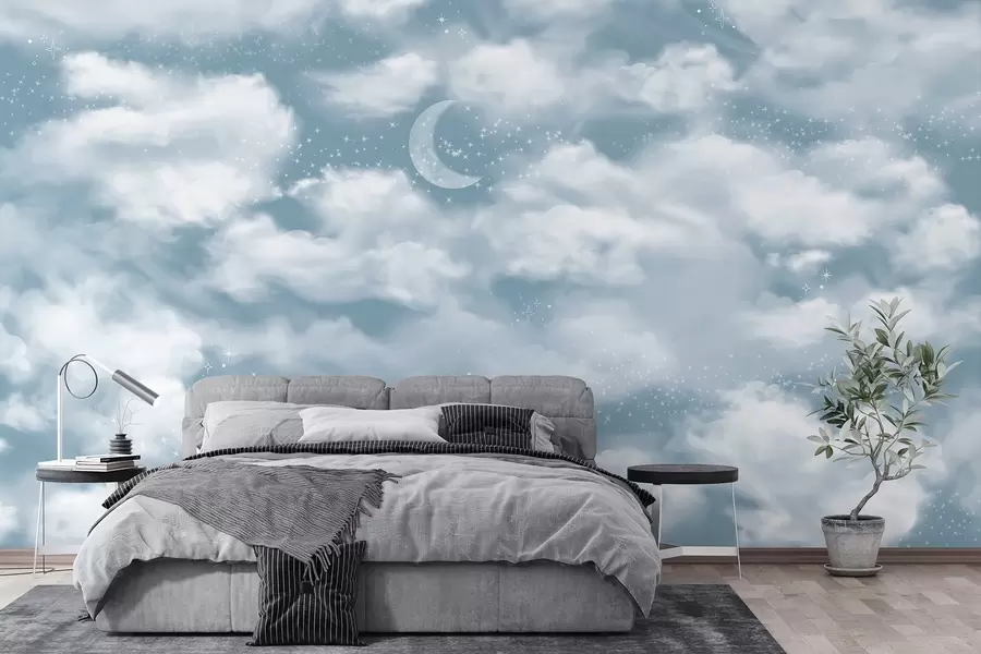 wall murals Звездано небо са месецом и облацима, сањиве, етеричне, нежно плаве боје w02515v1