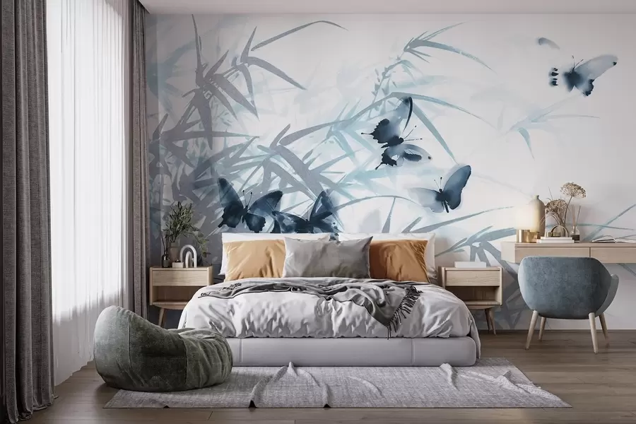 wall murals Текстурни бамбусови листови и стабљике са летећим плавим лептирима са провидним крилима w08524