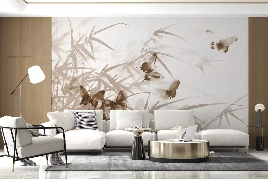wall murals Текстурни бамбусови листови и стабљике са летећим смеђим лептирима са провидним крилима w08524v1