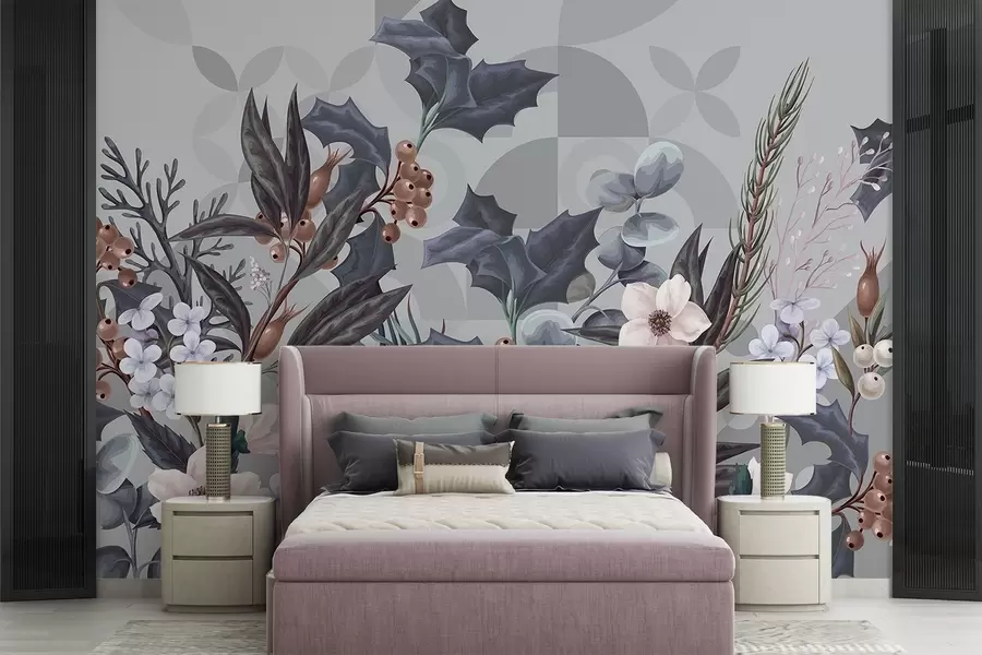 wall murals Цветни аранжман са великим тамним листовима, цвећем и бобицама на пригушеној сивој геометријској апстрактној позадини  w08525
