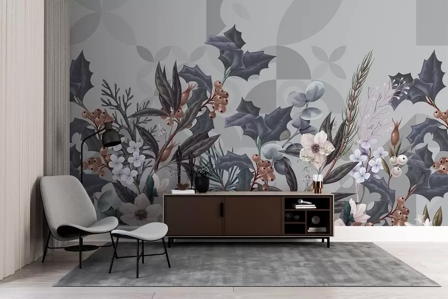 wall murals Цветни аранжман са великим тамним листовима, цвећем и бобицама на пригушеној сивој геометријској апстрактној позадини  w08525