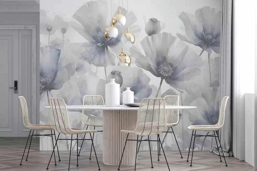 wall murals Деликатне текстурне грунге сиво и бело цвеће са меким, замућеним латицама на белој позадини w08526