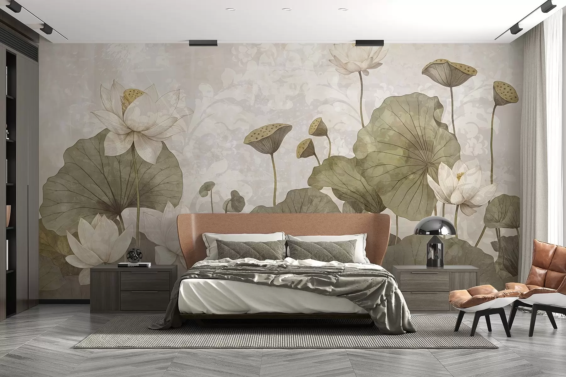 wall murals Поље цветова белог лотоса са великим зеленим листовима на мекој, магловитој текстурној беж позадини w08527