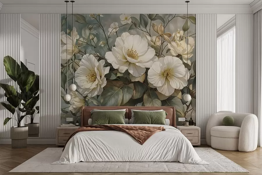 wall murals Велики, бели детаљни цветови божура са зеленим листовима на мекој, текстурној тиркизној позадини w08528