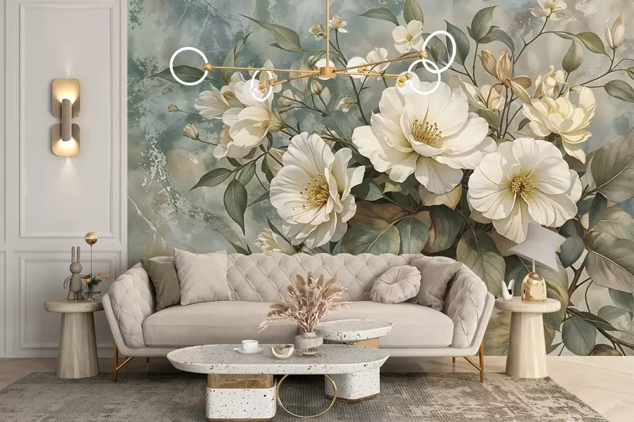 wall murals Велики, бели детаљни цветови божура са зеленим листовима на мекој, текстурној тиркизној позадини w08528
