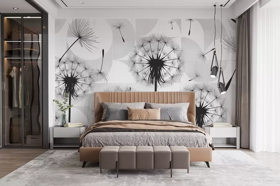wall murals Црно-бели цветови маслачка са пахуљастим главама семена на белој и светлосивој текстурној позадини w08529