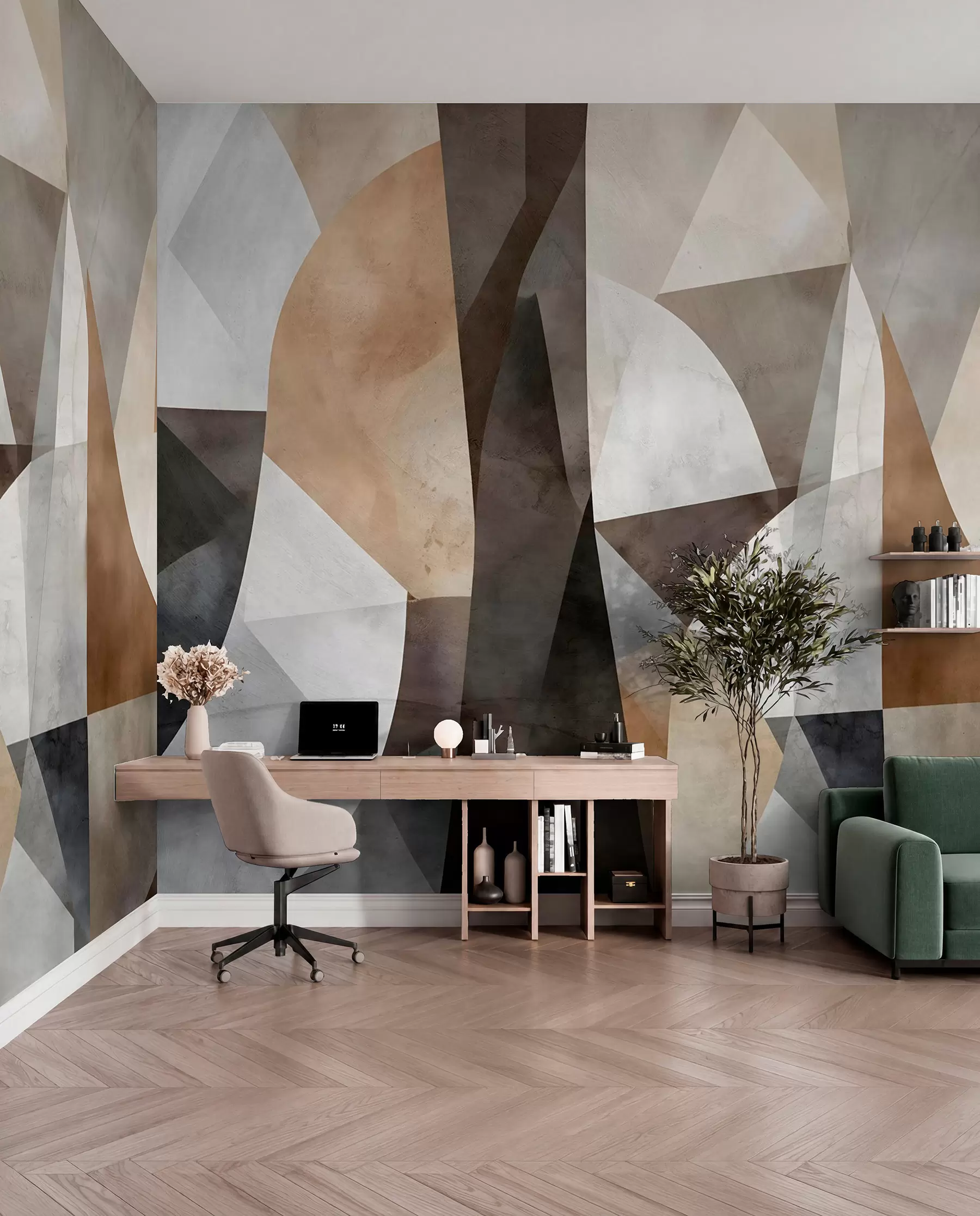wall murals Текстурни геометријски облици апстрактне модерне уметности у нијансама браон, сиве и беж w08530