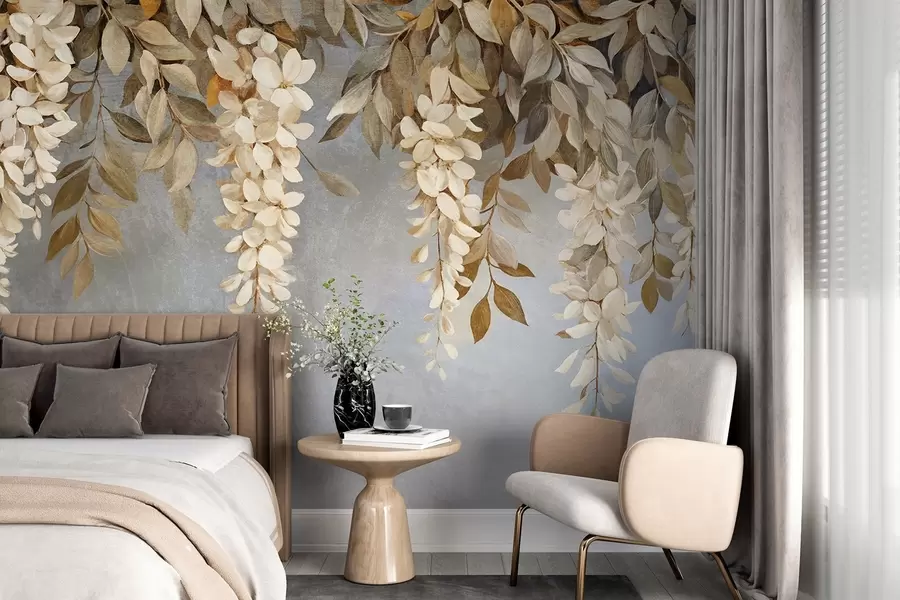 wall murals Деликатно бело и светло беж цвеће глициније са лишћем каскадно на меко сивој позадини w08531
