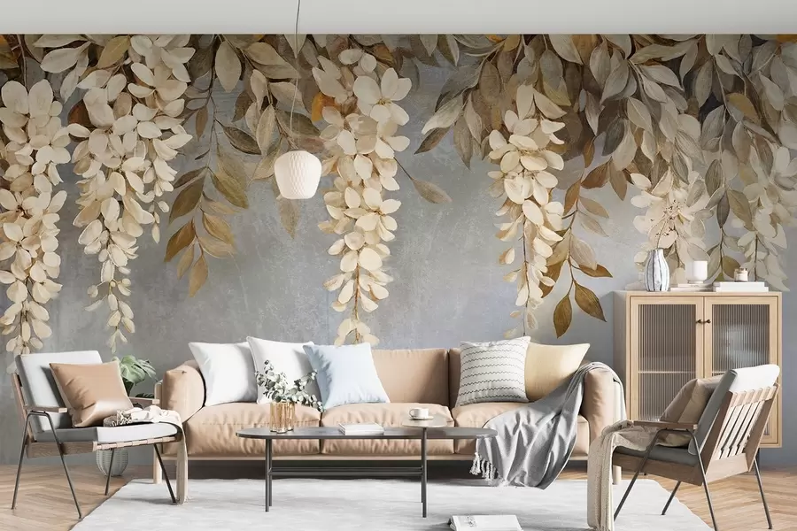 wall murals Деликатно бело и светло беж цвеће глициније са лишћем каскадно на меко сивој позадини w08531