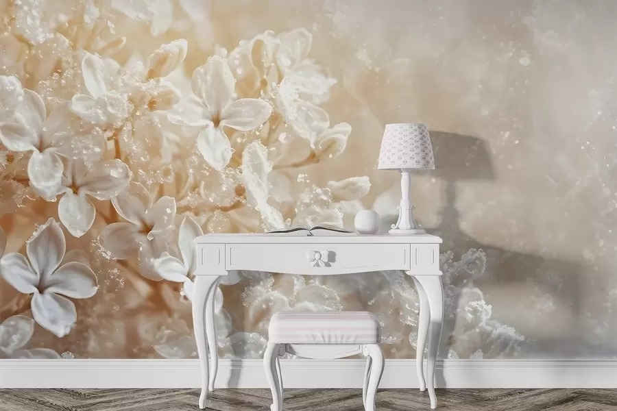 wall murals Деликатно бело лила цвеће са меком, жутом замагљеном позадином w08533