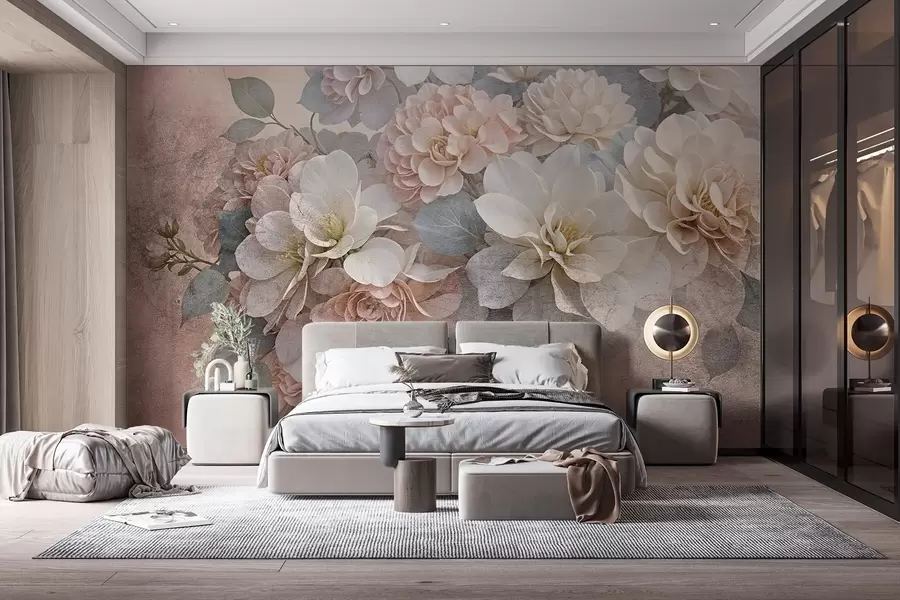 wall murals Мека текстура са цветовима брескве и белог божура са зеленим листовима на беж позадини w08534