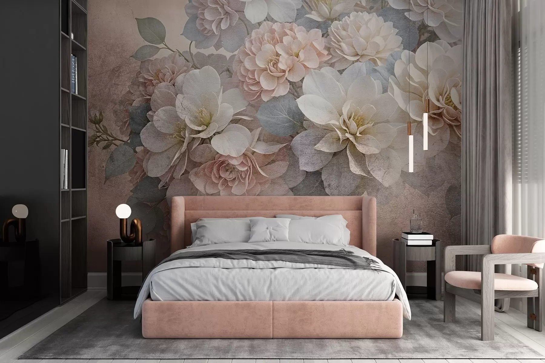 wall murals Мека текстура са цветовима брескве и белог божура са зеленим листовима на беж позадини w08534