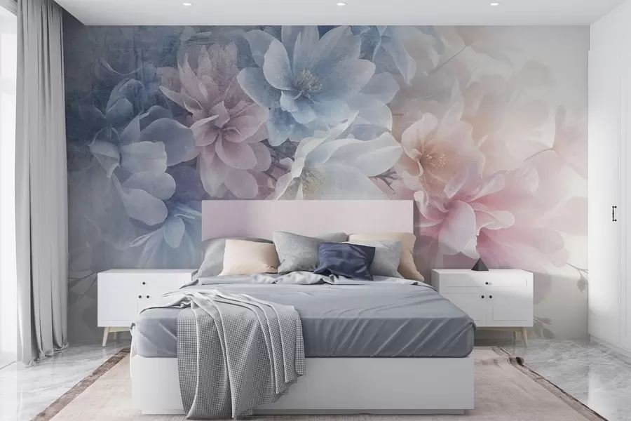 wall murals Меки текстурни цветни аранжман пастелних боја са великим, нежним цветовима у нијансама розе, плаве и беле  w08535